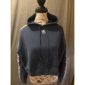 Adidas Originals Womens Cropped Hoodie Blue Trefoil Logo 3 Stripe Pullover Large